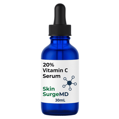 Skin SurgeMD 30ml blue bottle 20% Vitamin C Serum with dropper on transparent background - clinical strength brightening treatment