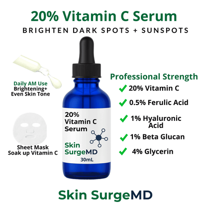 Skin SurgeMD 30ml Vitamin C Serum with L-ascorbic acid, hyaluronic acid, and ferulic acid displayed with sheet mask