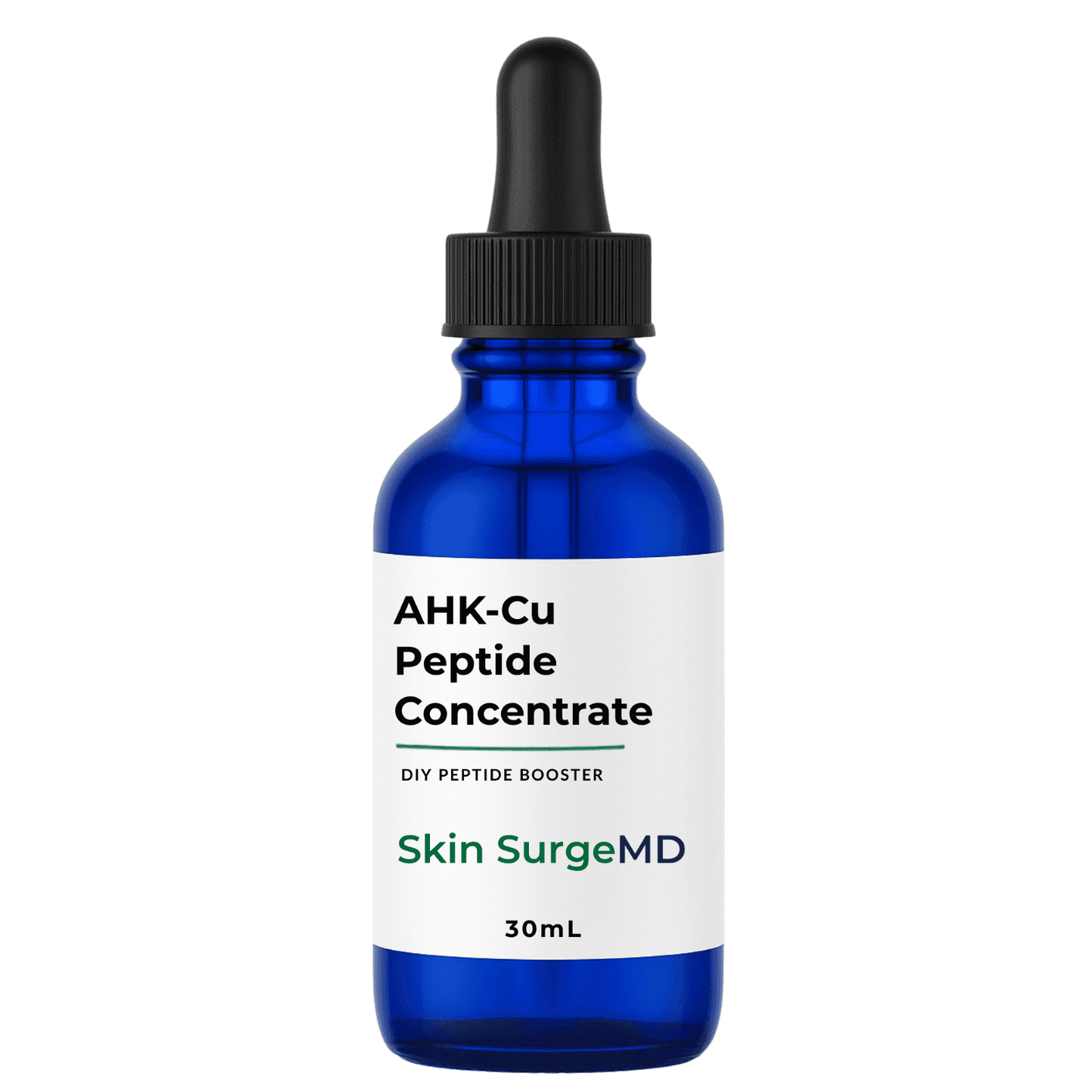 30mL Blue bottle of AHK-Cu Peptide  Concentrate DIY Peptide Booster by Skin SurgeMD on a white background