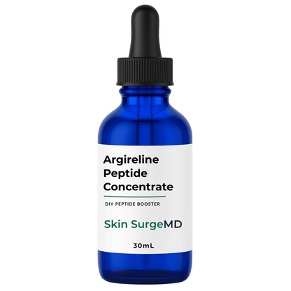 30mL cobalt blue glass dropper bottle of Skin SurgeMD Argireline Peptide Booster with 1% active solution. Liquid concentrate with a white label and black dropper cap, isolated on a white background. 
