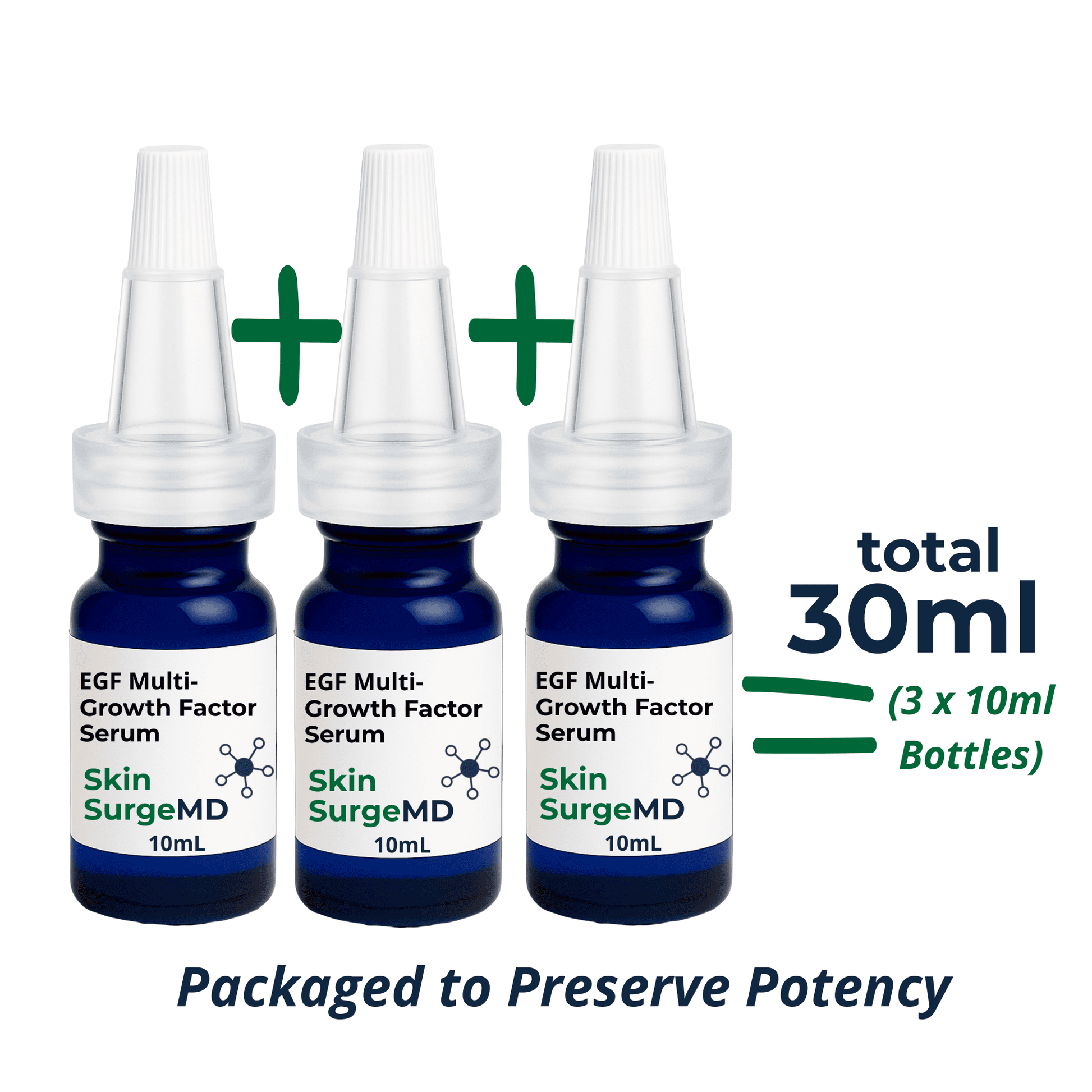 Three 10ml bottles of EGF Multi-Growth Factor Serum from Skin SurgeMD with a total volume of 30ml.
