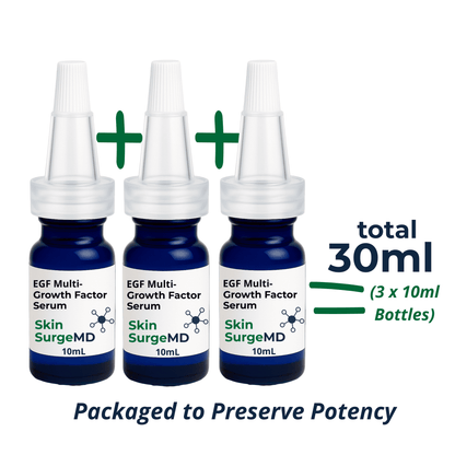 Three 10ml bottles of EGF Multi-Growth Factor Serum from Skin SurgeMD with a total volume of 30ml.