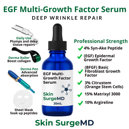 30ml EGF Multi-Growth Factor Serum bottle with application tools and product details on a white background