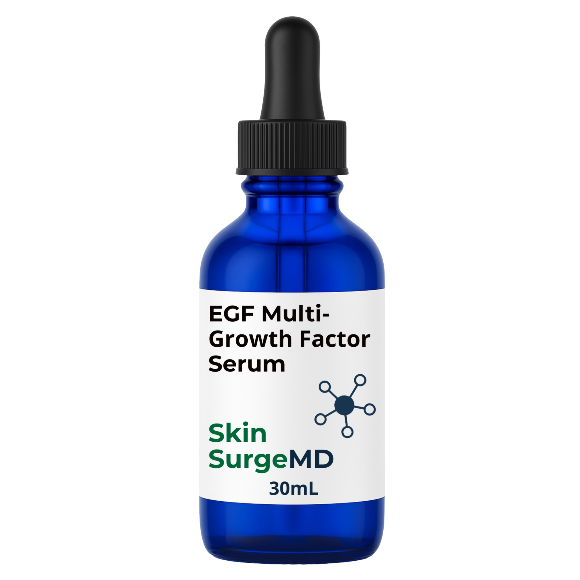 30ml Blue dropper bottle of EGF Multi-Growth Factor Serum by Skin Surge MD on a white background