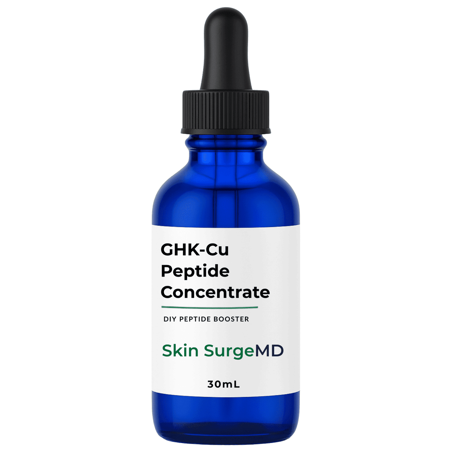 30mL Blue bottle of GHK-Cu Peptide  Concentrate DIy Peptide Booster by Skin SurgeMD on a white background