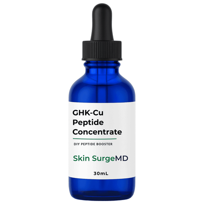 30mL Blue bottle of GHK-Cu Peptide  Concentrate DIy Peptide Booster by Skin SurgeMD on a white background