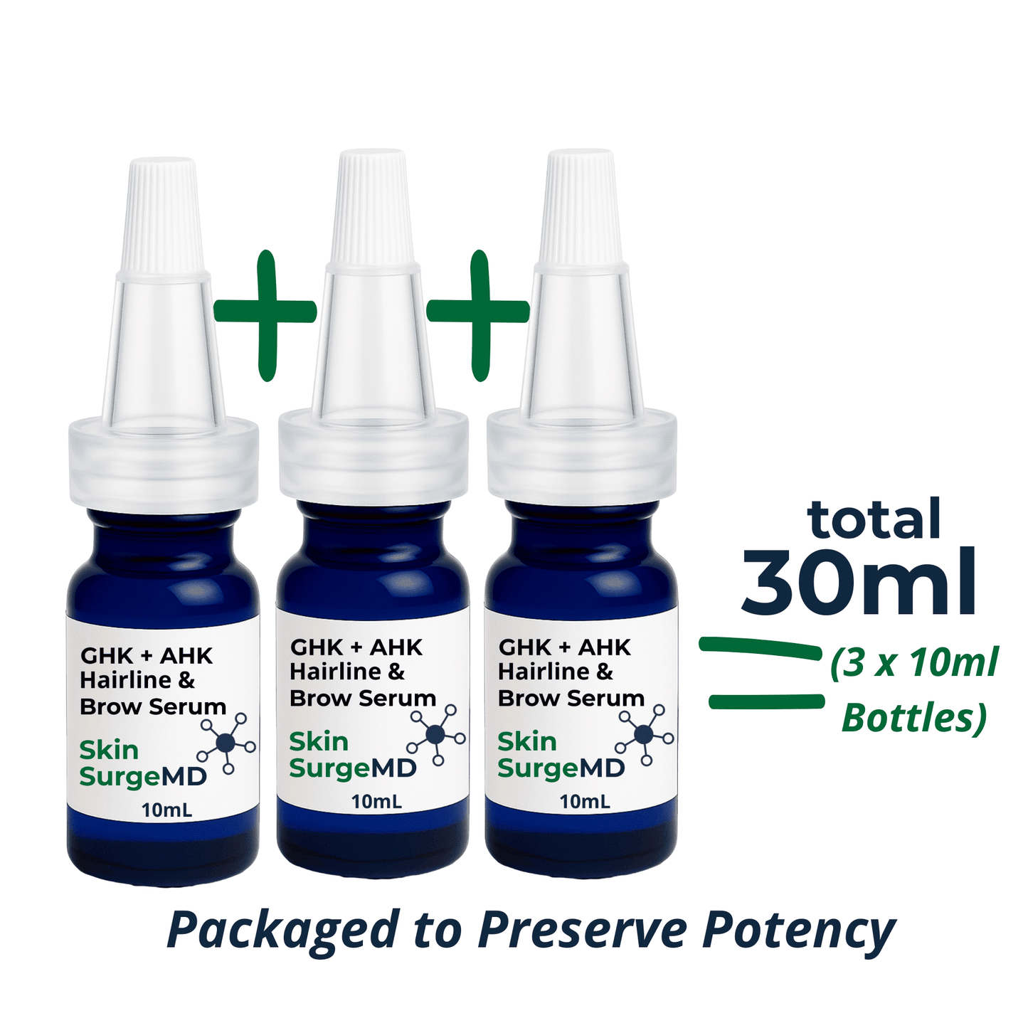 Three bottles of Skin SurgeMD GHK + AHK Hairline & Brow Serum with text indicating total volume 30ml and packaging details.