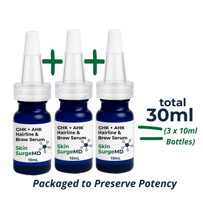 Three bottles of Skin SurgeMD GHK + AHK Hairline & Brow Serum with text indicating total volume 30ml and packaging details.
