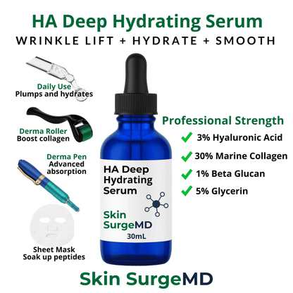 Skin SurgeMD 3% HA Deep Hydrating Serum with key ingredients and how to use methods on a white background