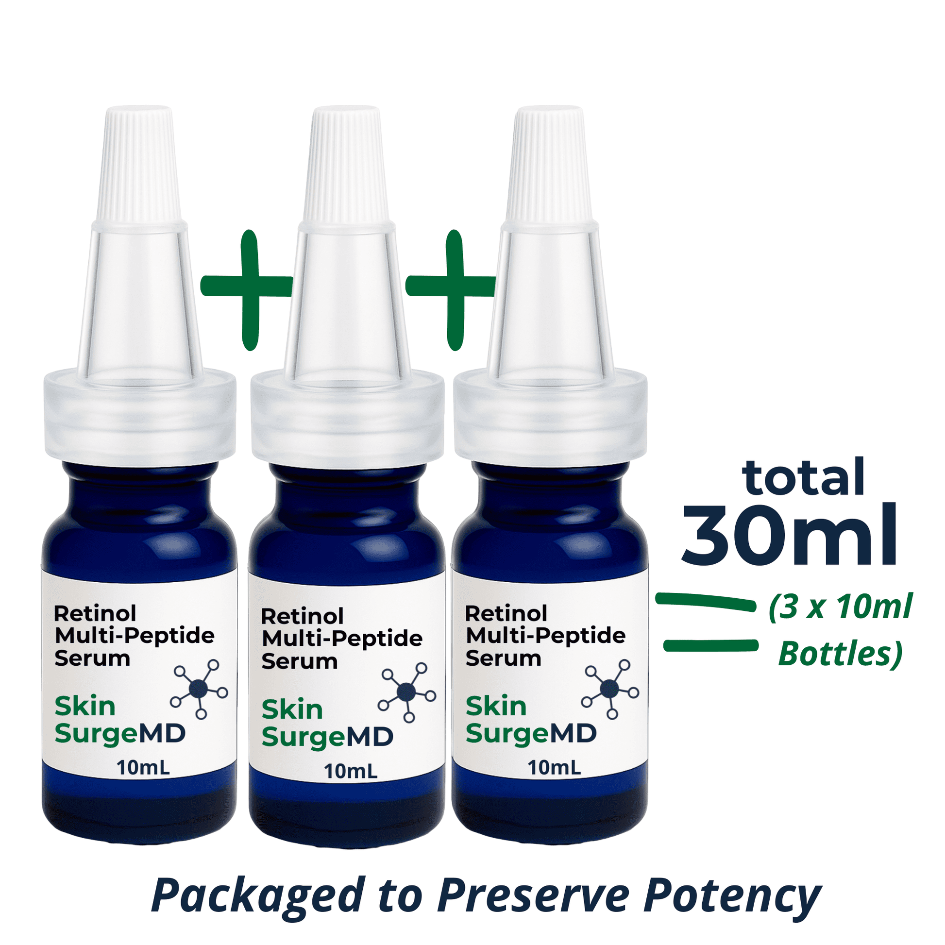 Three bottles of Skin SurgeMD Retinol Multi-Peptide Serum with text indicating total volume 30ml and packaging details.