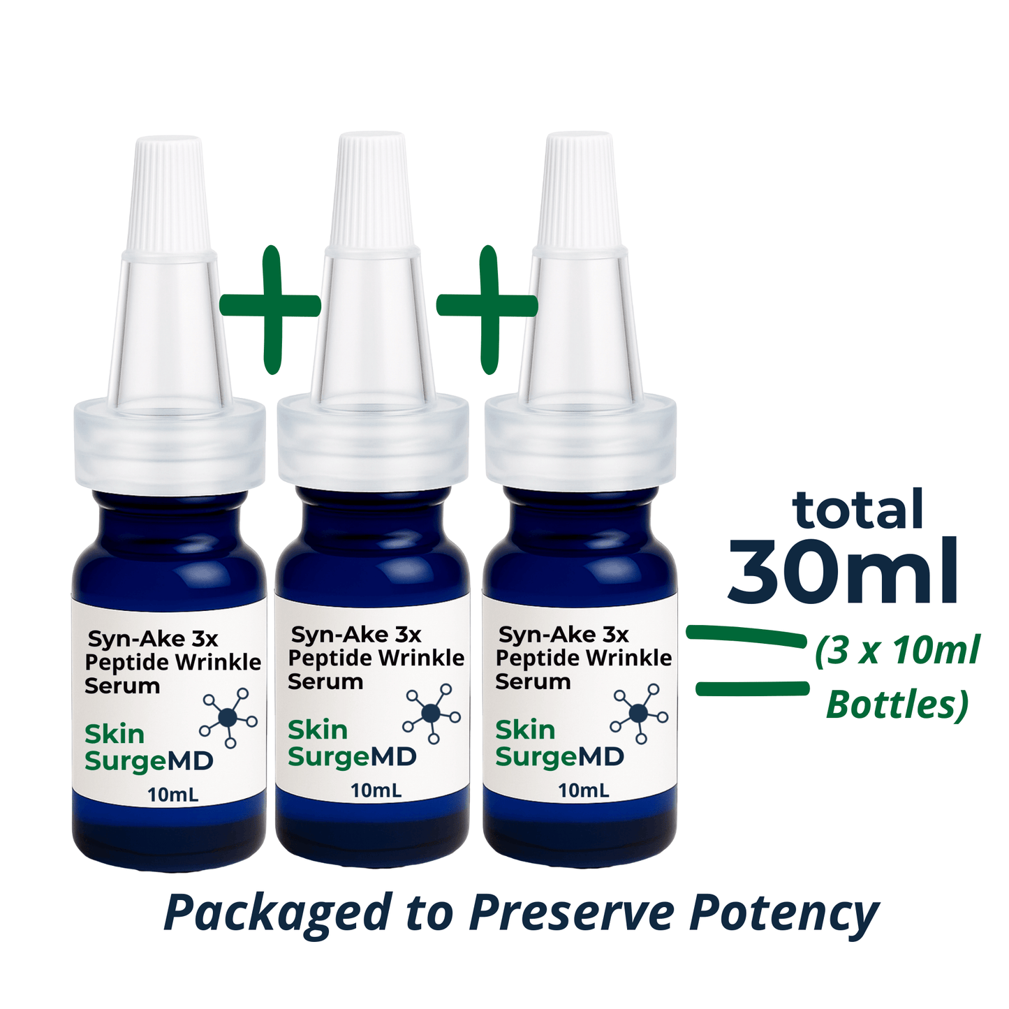Three 10ml bottles of Skin SurgeMD Syn-Ake 3x Peptide Wrinkle Serum with a total volume of 30ml on a white background.