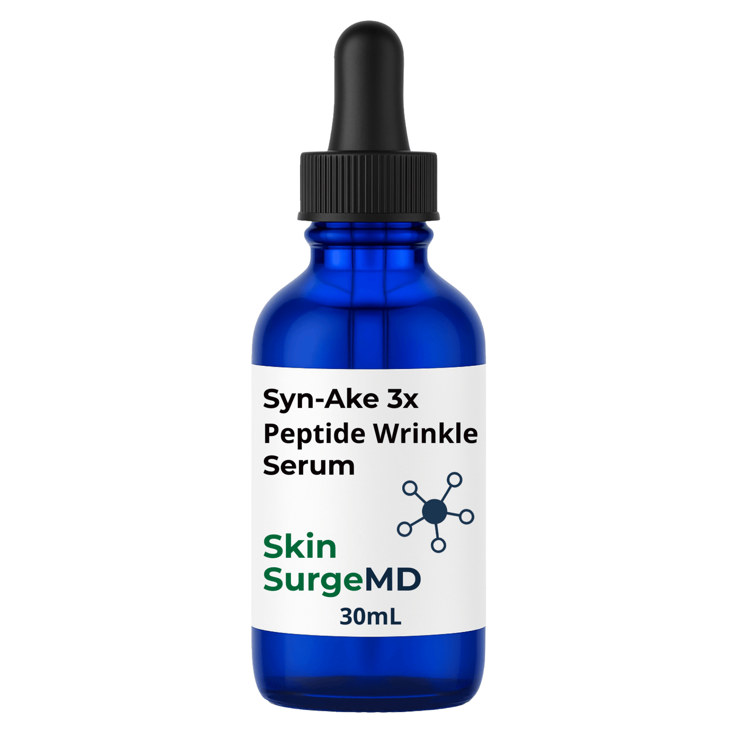 30ml Blue serum bottle with a dropper labeled 'Syn-Ake 3x Peptide Wrinkle Serum' by Skin Surge MD on a white background.