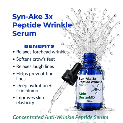 Syn-Ake 3x Peptide Wrinkle Serum bottle with dropper and serum splash, featuring benefits on a white background.