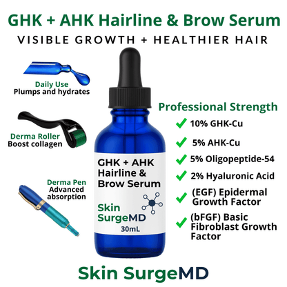 GHK + AHK Hairline & Brow Serum bottle with features and benefits on a white background