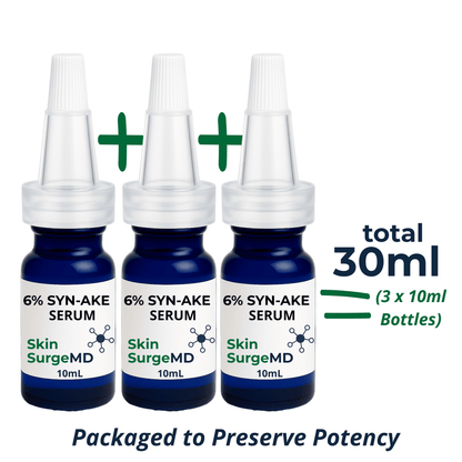 Three 10ml bottles of Skin SurgeMD 6% Syn-Ake Serum with a total volume of 30ml on a white background.