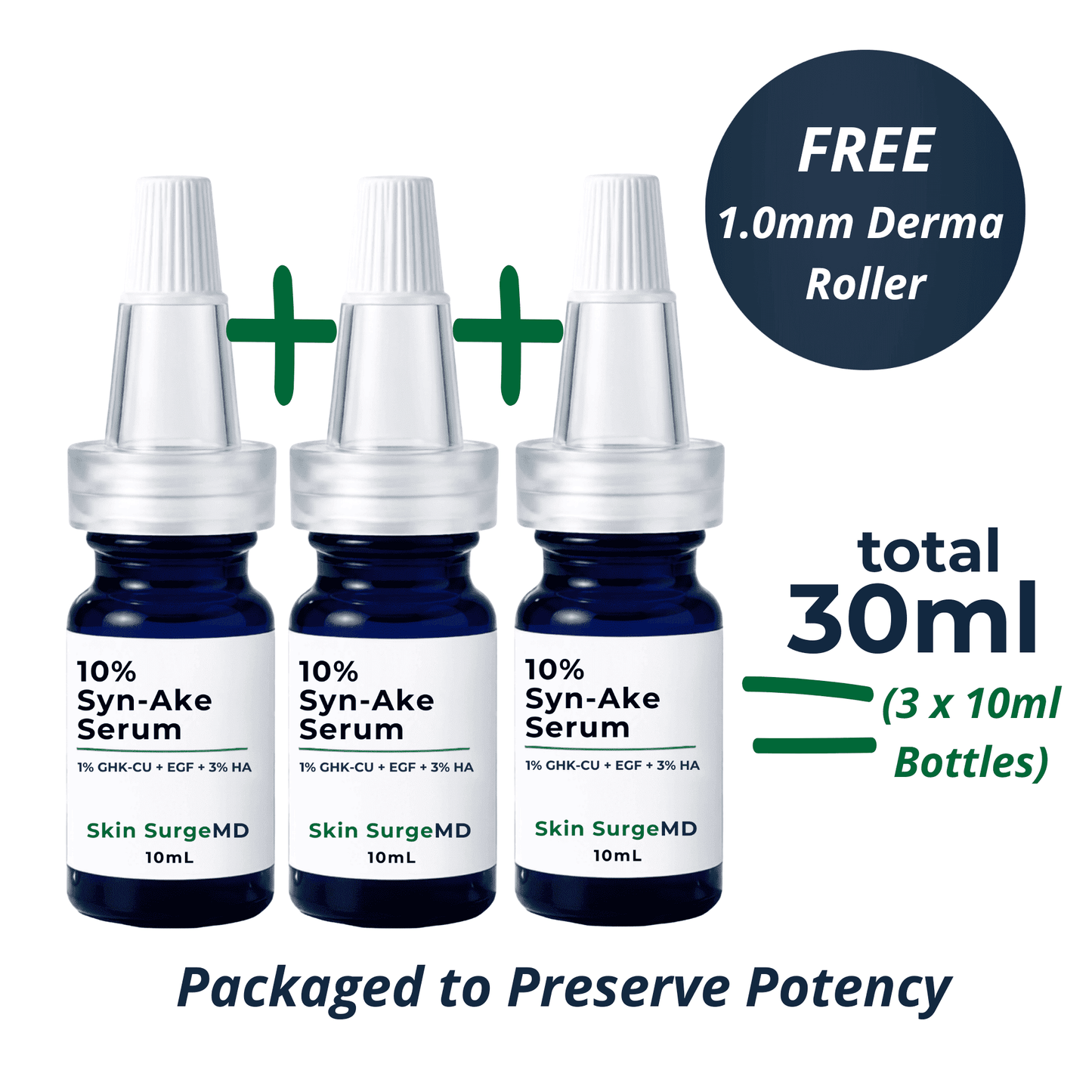 Three small bottles of 10% Syn-Ake Serum by Skin SurgeMD are shown on a white background with promotional text and a dark blue badge reading 'FREE 1.0mm Derma Roller when you buy 30ml serum.