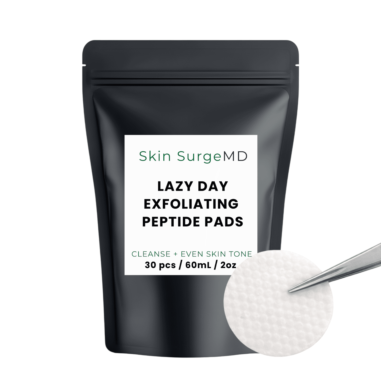Skin SurgeMD Lazy Day Exfoliating Peptide Pads packaging with a single pad and applicator on a white background