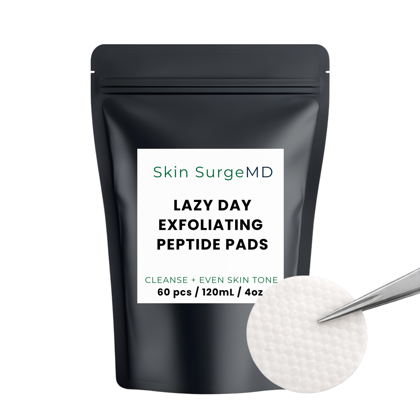 Skin SurgeMD Lazy Day Exfoliating Peptide Pads packaging with a single pad and applicator on a white background