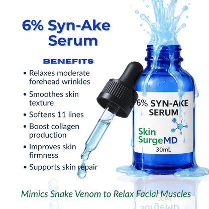 6% Syn-Ake Serum bottle with dropper and product benefits listed on a white background