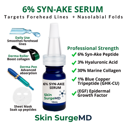 6% SYN-AKE Serum bottle with application tools and product details on a white background