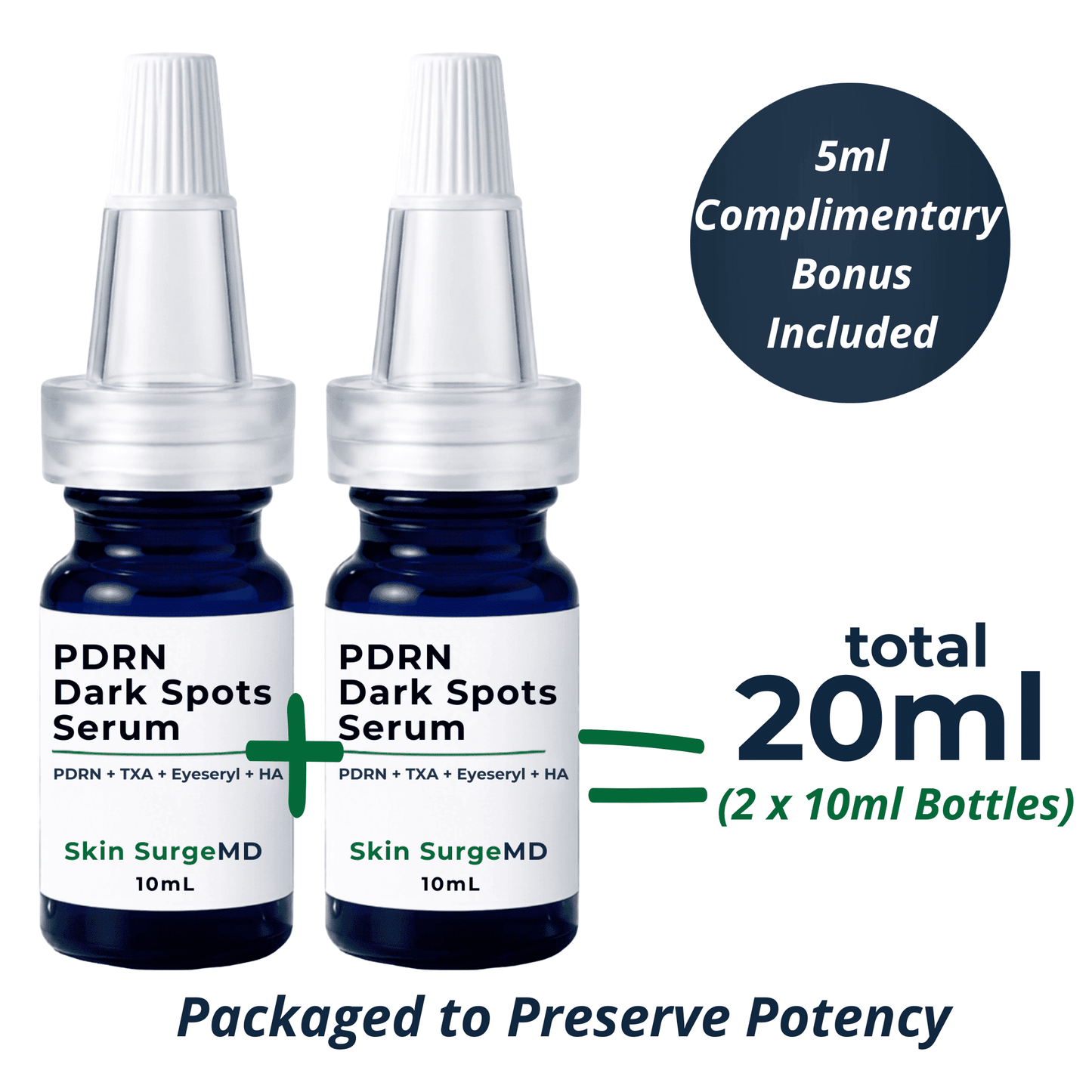 Two dark blue 10ml bottles of PDRN Dark Spots Serum with white caps and labels, shown on a white background with promotional text indicating a 5ml complimentary bonus and a total of 20ml from 2 x 10ml bottles.
