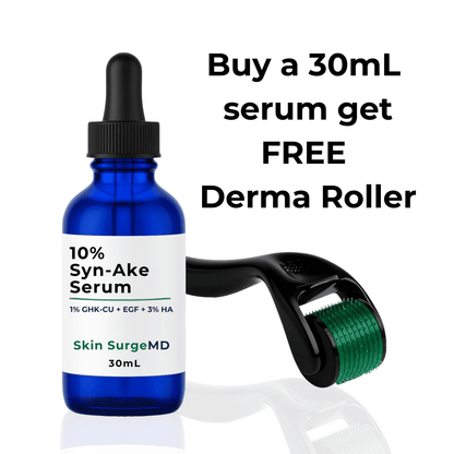 A 30mL cobalt blue glass dropper bottle labeled '10% Syn-Ake Serum' by Skin SurgeMD, shown next to a black derma roller with a green roller cushion. Black promotional text on the right reads 'Buy a 30mL serum get FREE Derma Roller' on a white background with a reflection below.