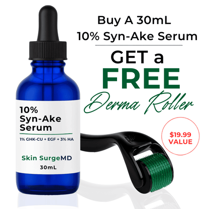A 30mL cobalt blue glass dropper bottle labeled '10% Syn-Ake Serum' by Skin SurgeMD, shown next to a black derma roller with a green roller cushion. Black promotional text on the right reads 'Buy a 30mL serum get FREE Derma Roller' on a white background with a reflection below.