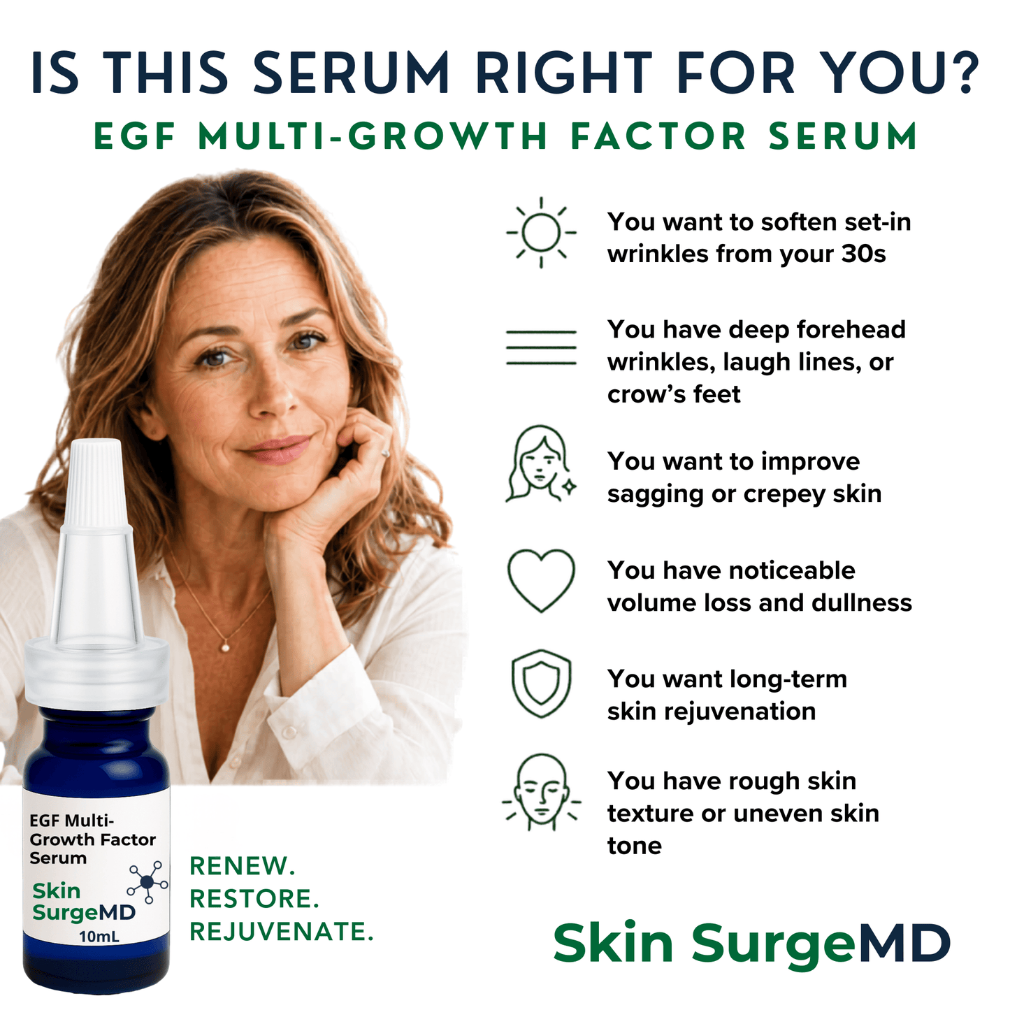 Advertisement for Skin SurgeMD EGF Multi-Growth Factor Serum with a 40 year old woman and product details.