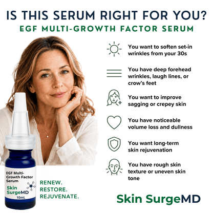 Advertisement for Skin SurgeMD EGF Multi-Growth Factor Serum with a 40 year old woman and product details.