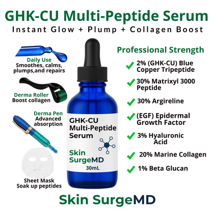 GHK-CU Multi-Peptide Serum bottle with product features and benefits on a white background