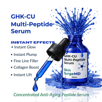 GHK-CU Multi-Peptide Serum bottle with dropper and blue liquid splash on a white background