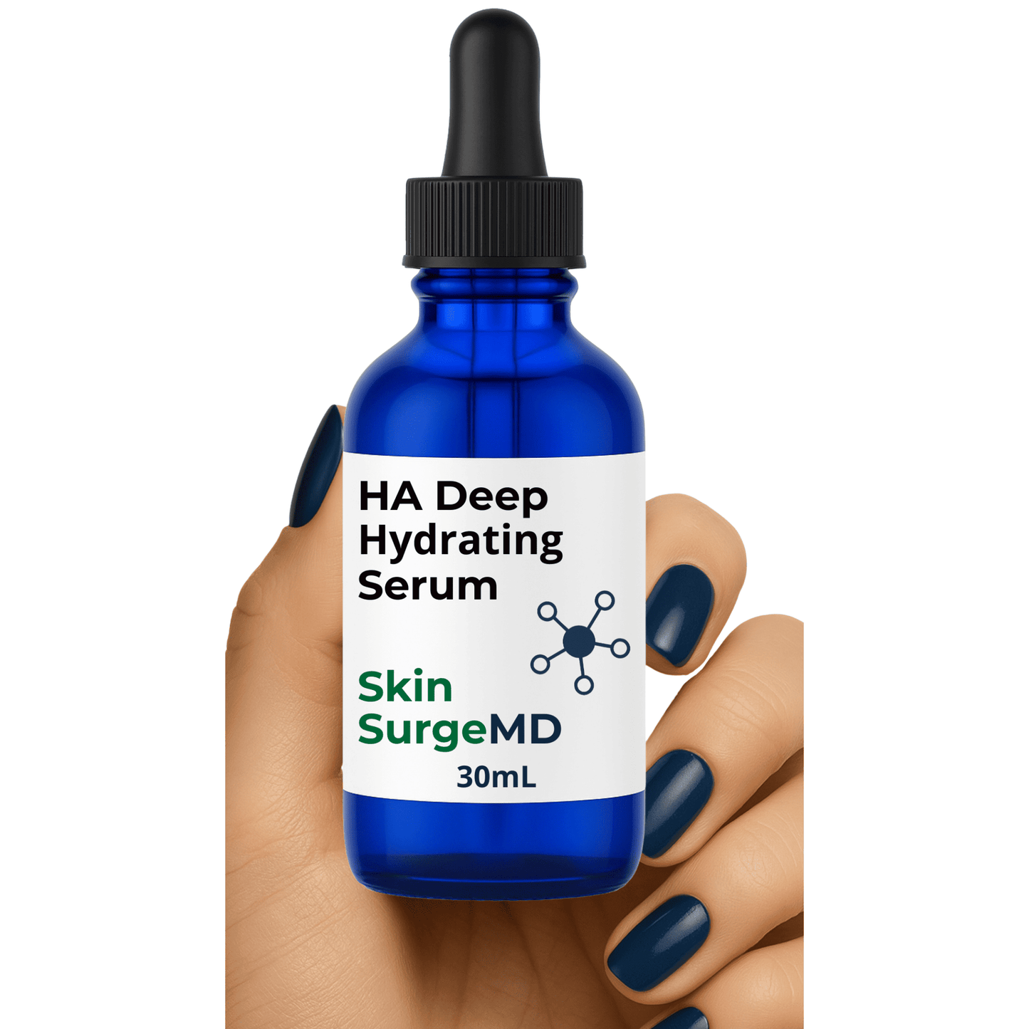 Hand holding HA Deep Hydrating Serum bottle showing product size and packaging