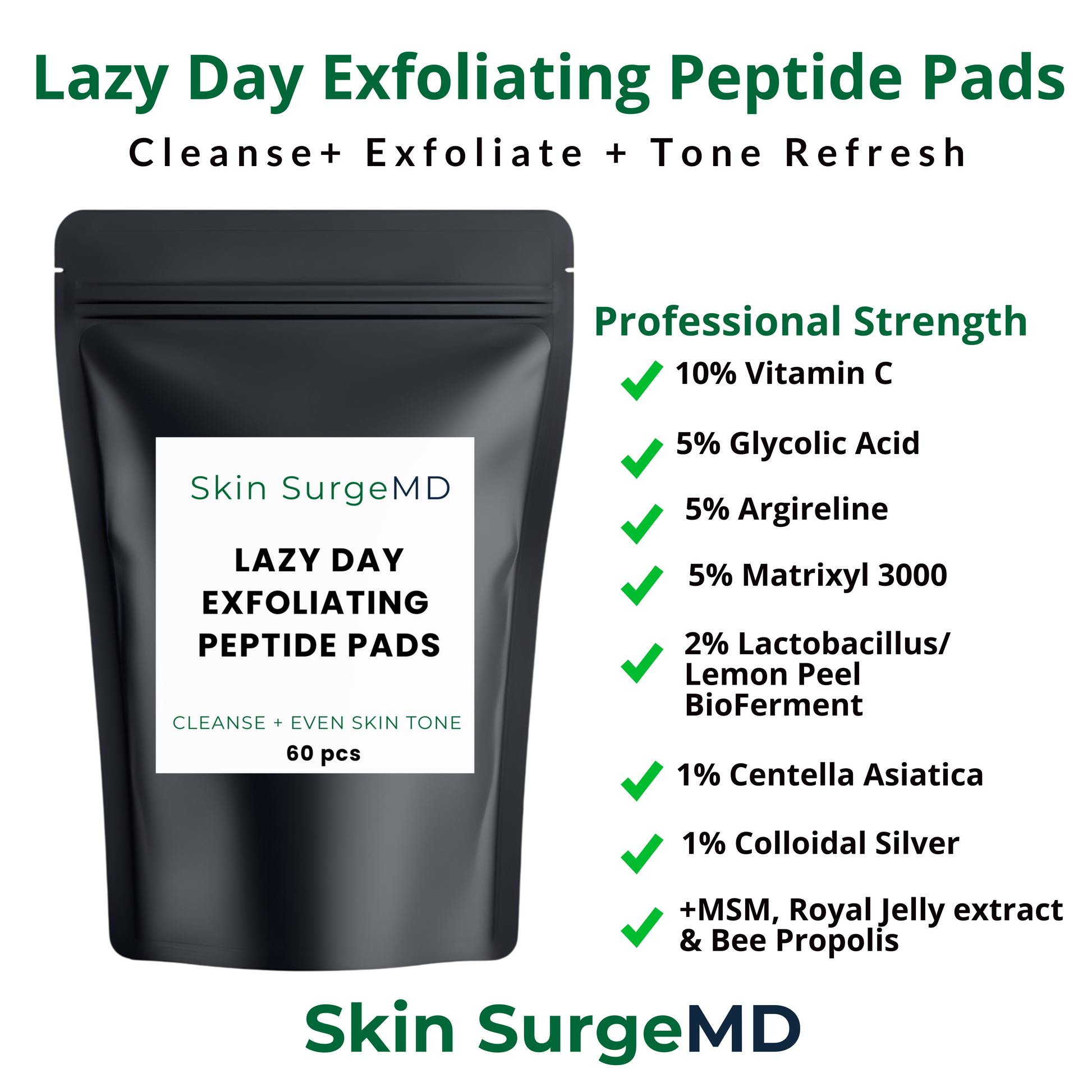 Skin SurgeMD Lazy Day Exfoliating Peptide Pads packaging with ingredients listed on a white background
