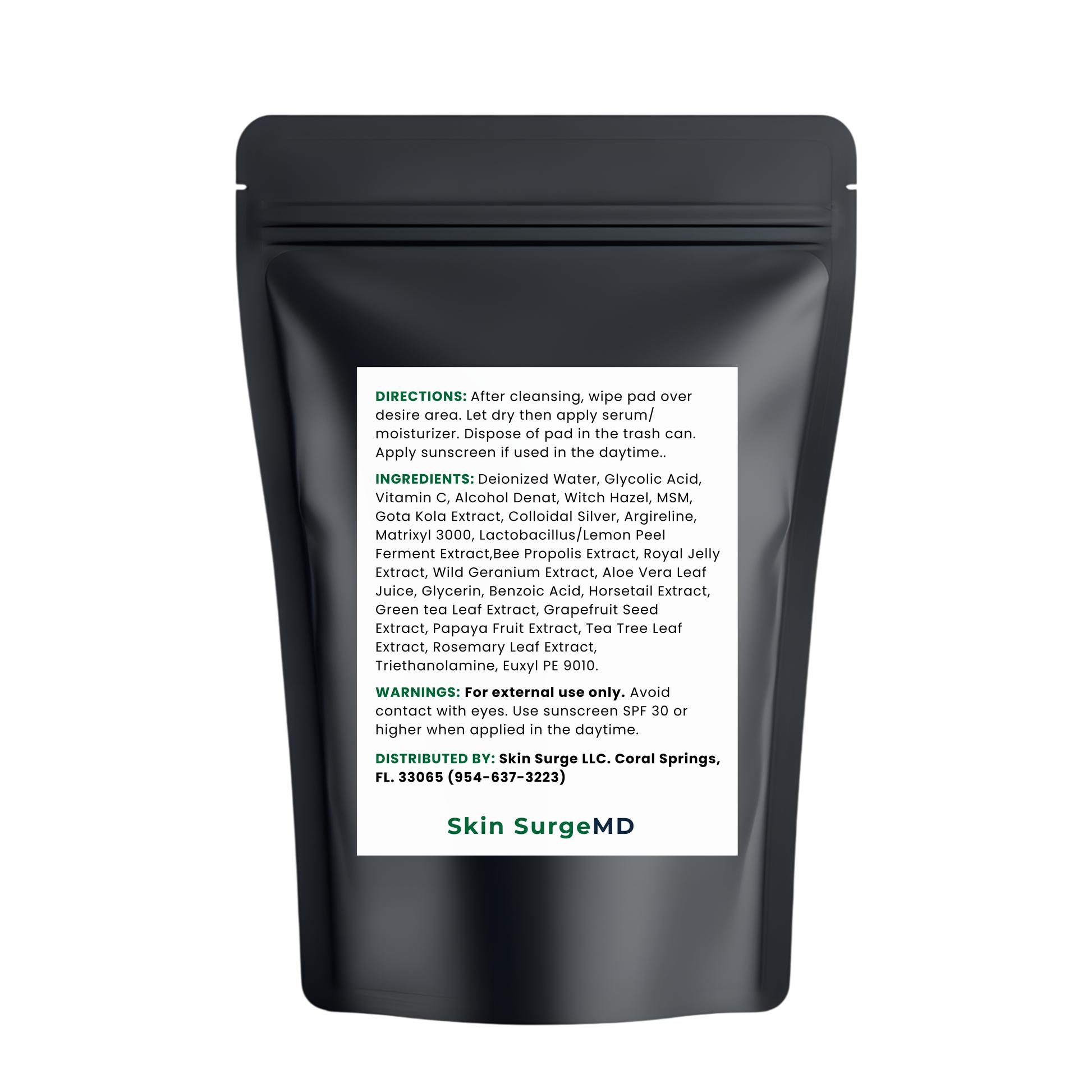 Black pouch with white label containing Skin Surge MD product on a white background