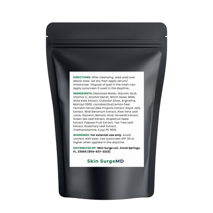 Black pouch with white label containing Skin Surge MD product on a white background