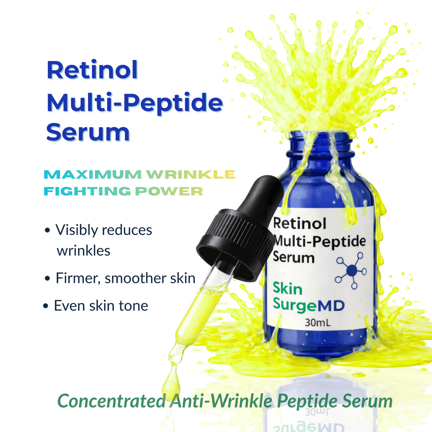 Bottle of Skin SurgeMD Retinol Multi-Peptide Serum with dropper and yellow liquid splash on a white background