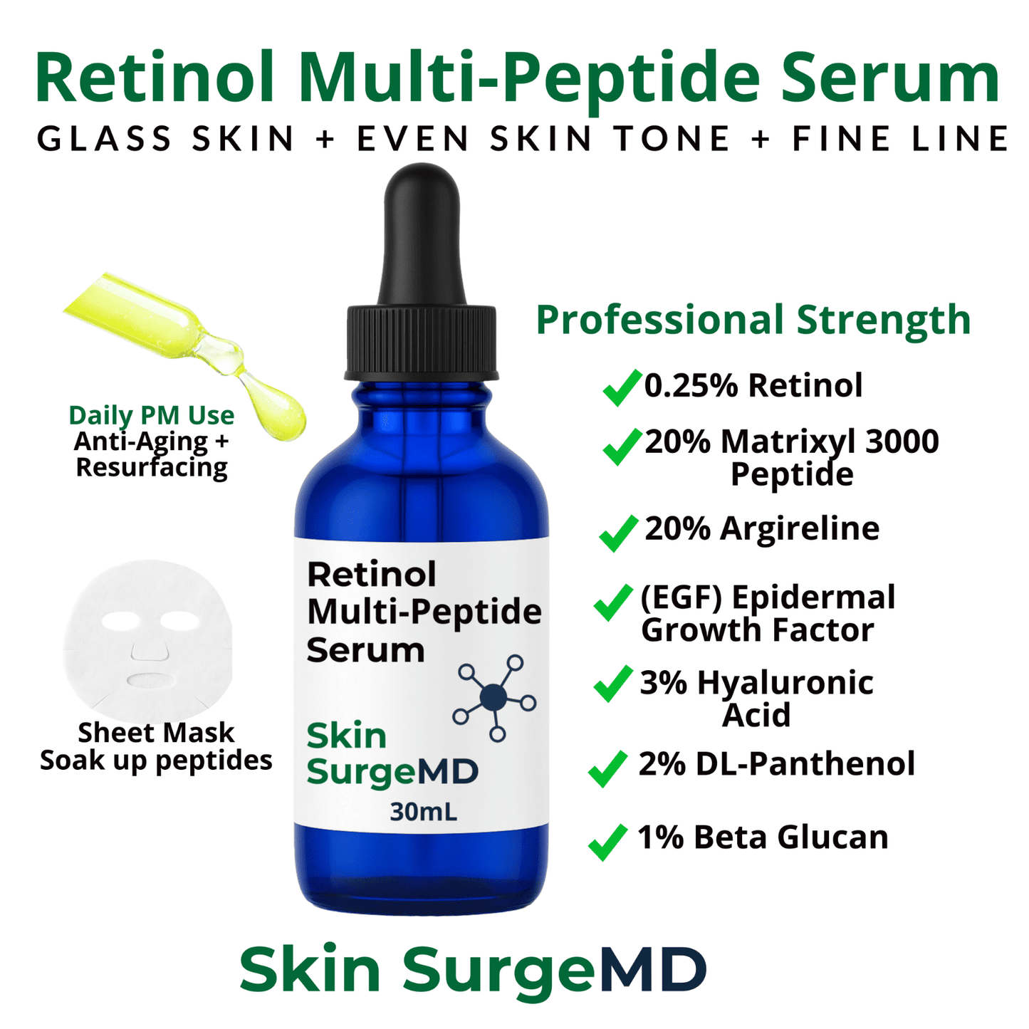 Retinol Multi-Peptide Serum bottle with product details on a white background