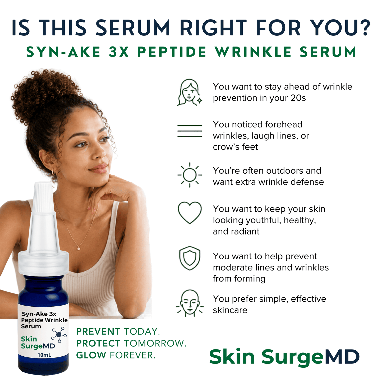 Promotional image of Syn-Ake 3x Peptide Wrinkle Serum with a woman in her 20s and product details.