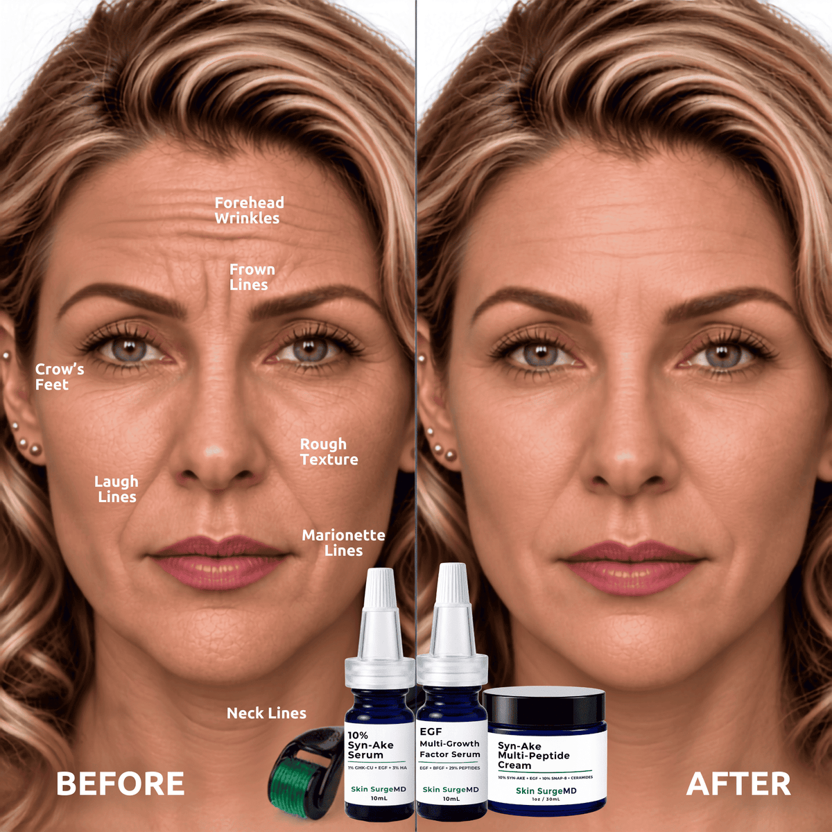 snap-8 peptide Before and after skincare comparison showing a woman's face with labeled forehead wrinkles, crow's feet, laugh lines, and fine lines on the left and a smoother complexion on the right. Small product bottles and a roller are visible at the bottom against a white background.