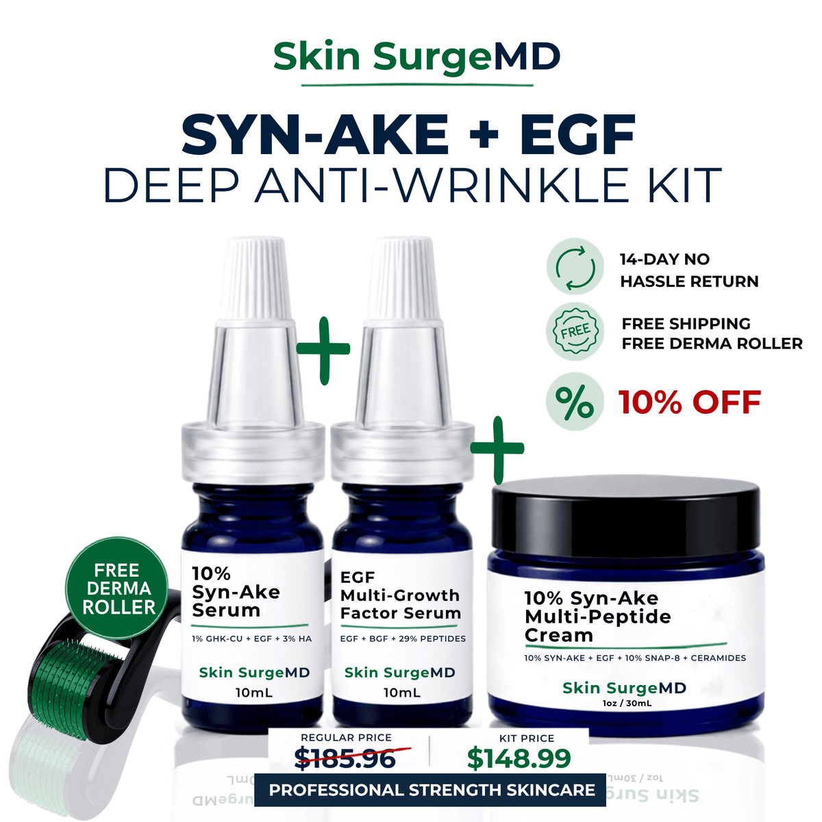 Skin SurgeMD Syn-Ake + EGF Deep Anti-Wrinkle Kit featuring 10ml syn-ake serum, 10ml egf serum, and one 30ml syn-ake multi-peptide cream jar, alongside a free derma roller, on a white background with promotional text.