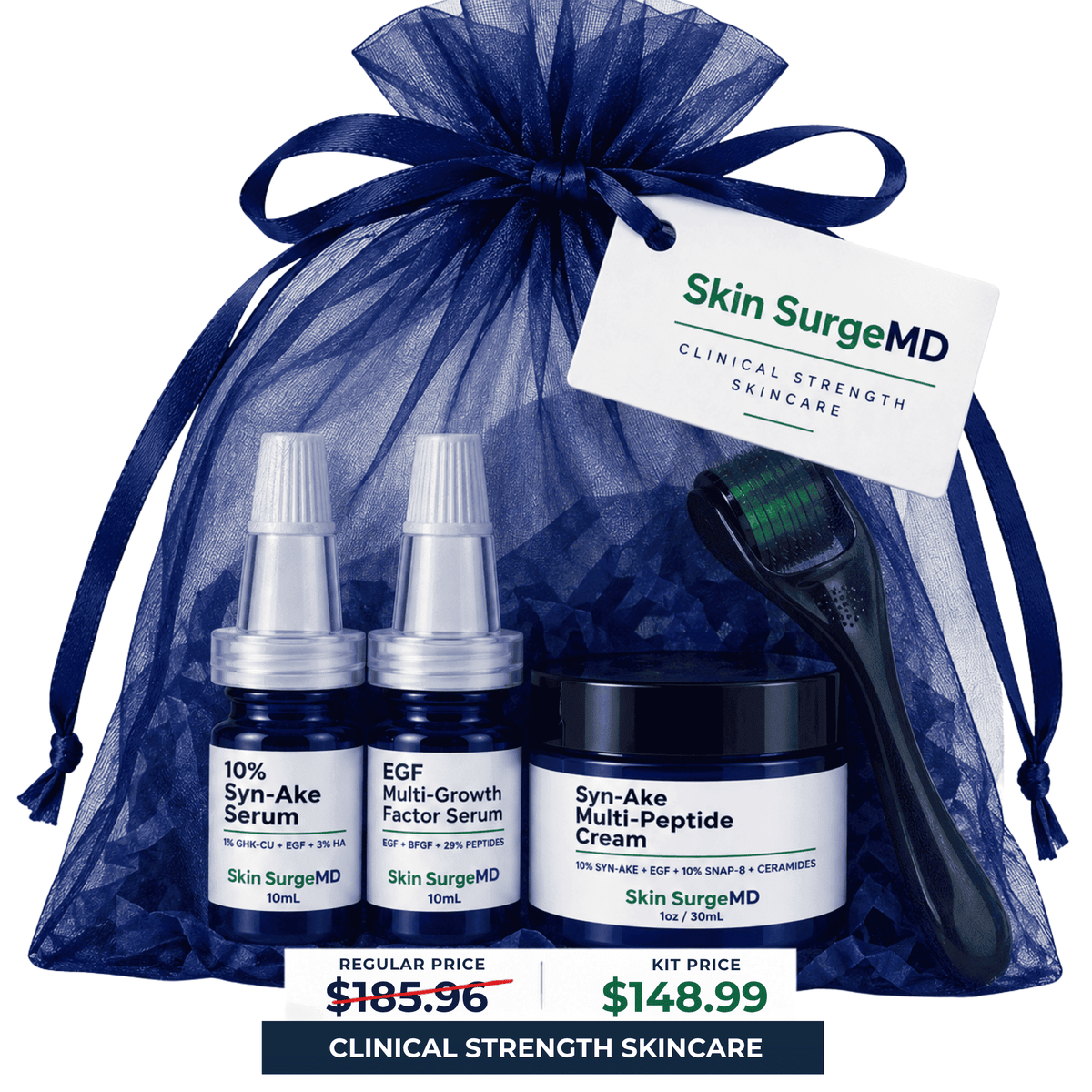 Skin SurgeMD skincare gift set in a navy blue sheer drawstring bag, featuring 10% syn-ake serum, egf serum, and syn-ake multi-peptide cream jar, a black-handled brush, and a white product tag, with a price banner at the bottom.