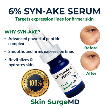 6% SYN-AKE Serum bottle with crow's feet eye wrinkles before and after effects on skin, featuring Skin SurgeMD brand.