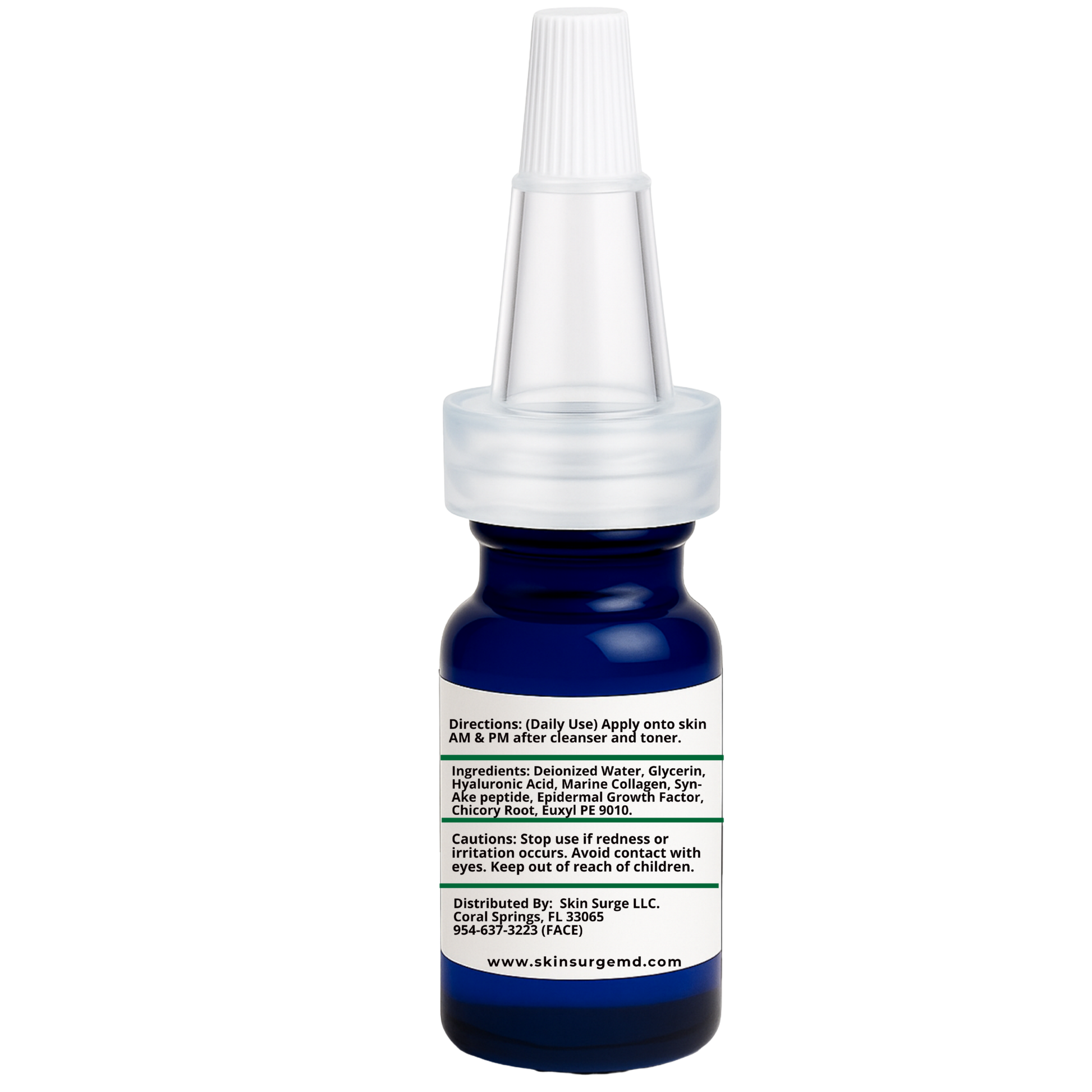 Back of Skin SurgeMD 6% Syn-Ake Serum Blue dropper bottle with white cap on a white background and ingredients and how to use serum