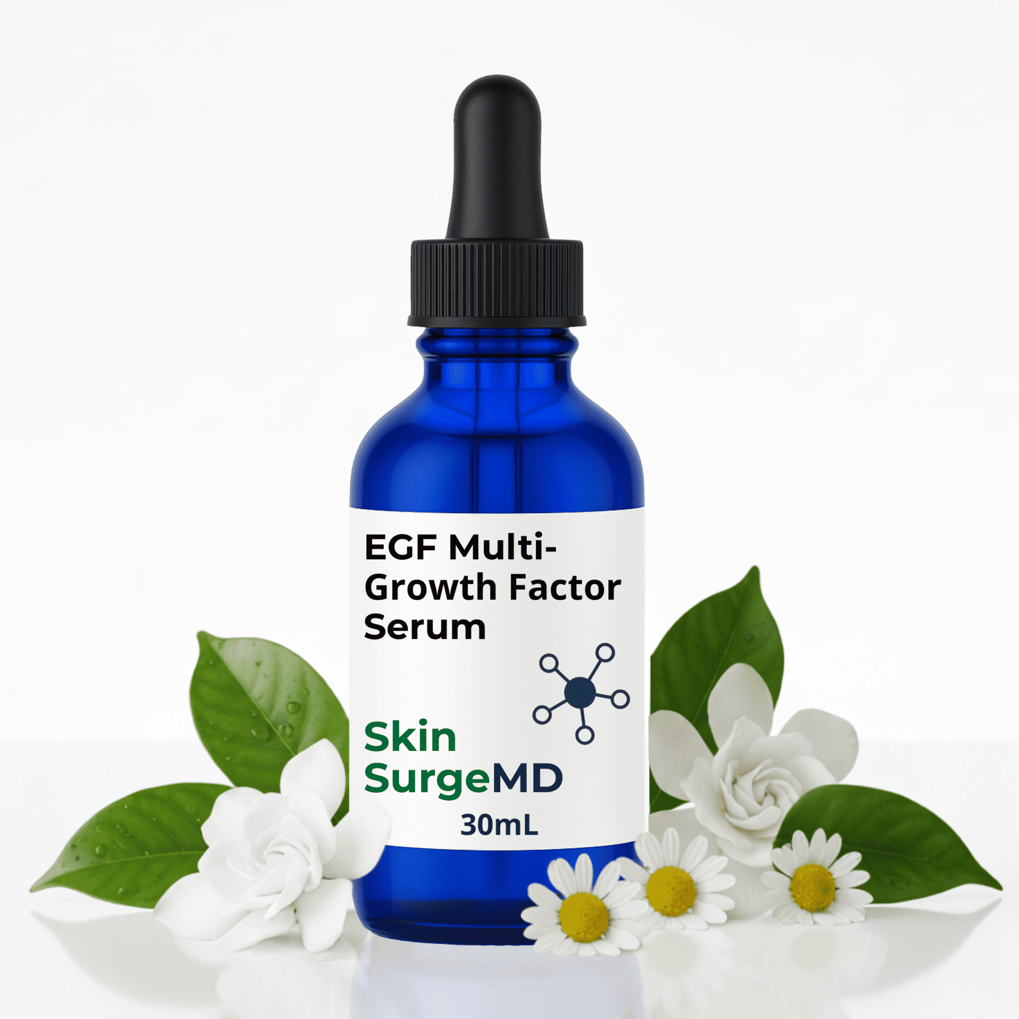 A cobalt blue glass dropper bottle labeled 'EGF Multi-Growth Factor Serum' by Skin SurgeMD, styled with white flowers and green leaves on a clean white background.