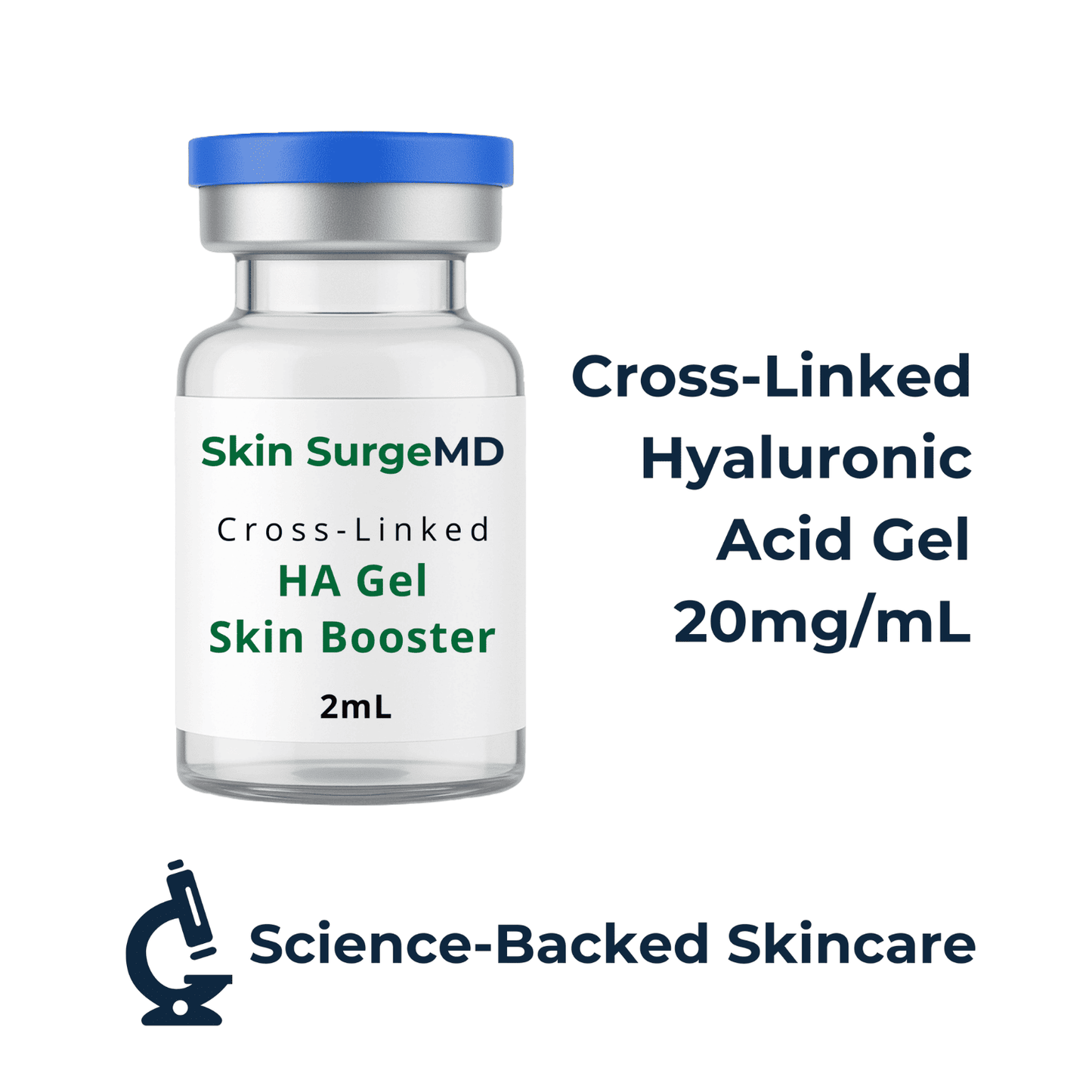 Skin SurgeMD Cross-Linked Hyaluronic Acid Gel bottle with 20mg/mL product details on a white background