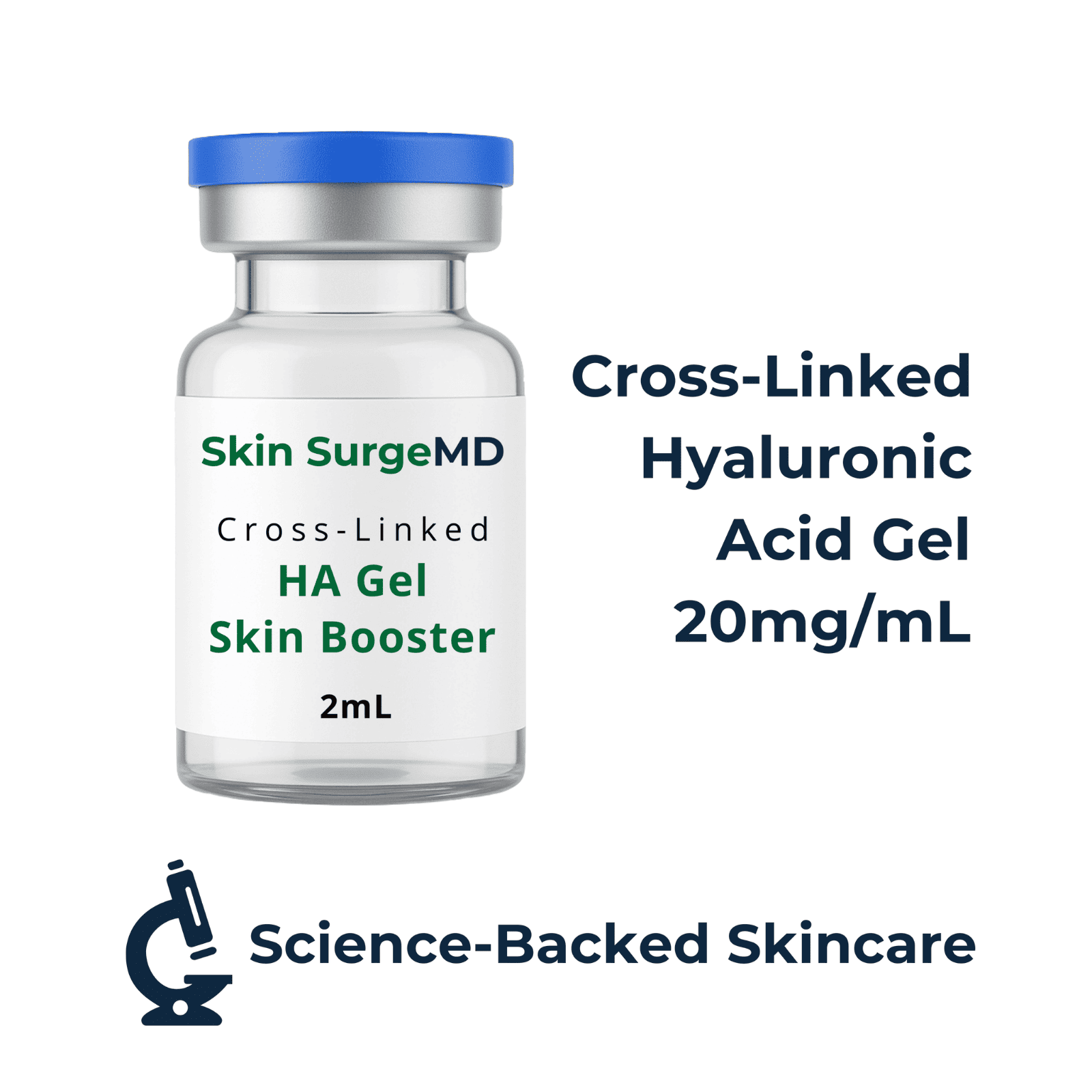 Skin SurgeMD Cross-Linked Hyaluronic Acid Gel bottle with 20mg/mL product details on a white background