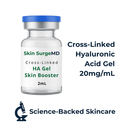 Skin SurgeMD Cross-Linked Hyaluronic Acid Gel bottle with 20mg/mL product details on a white background