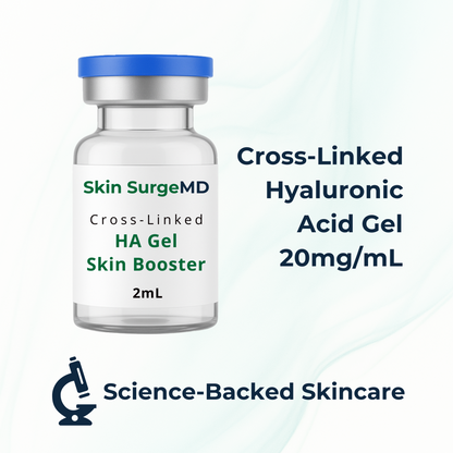 Skin SurgeMD Cross-Linked Hyaluronic Acid Gel bottle with 20mg/mL product details on a white background