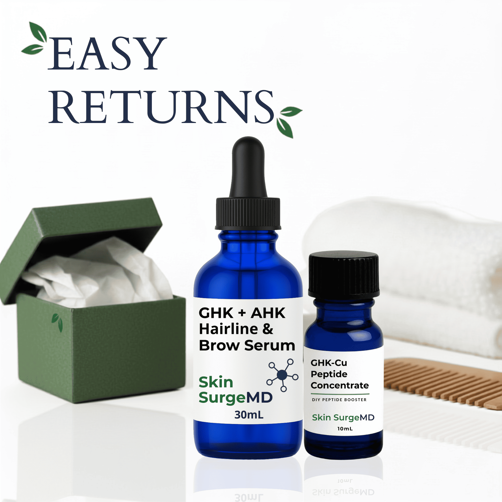 Two Skin SurgeMD skincare bottles displayed with a green gift box and a wooden comb on a white background, with 'EASY RETURNS' text at the top.