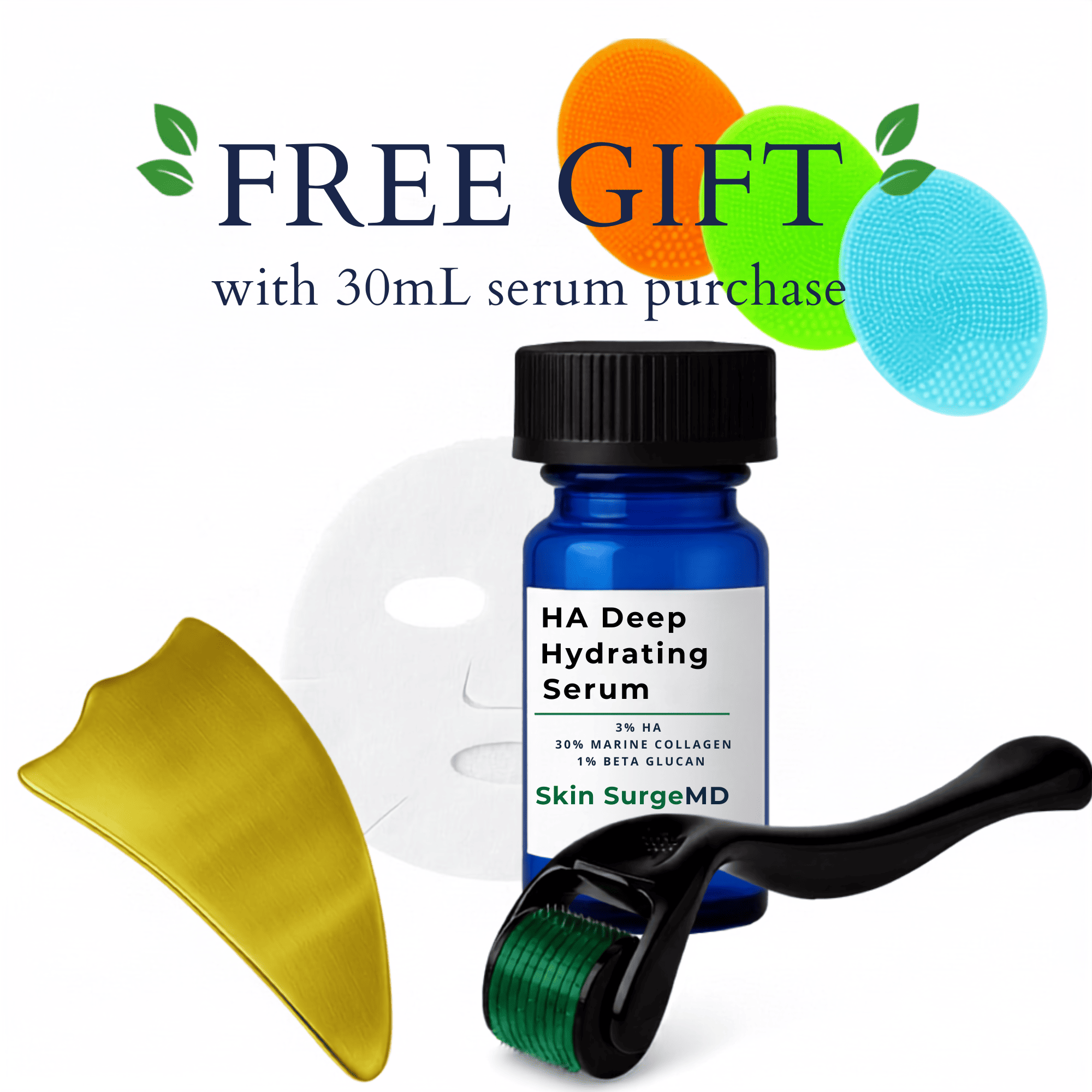 HA Deep Hydrating Serum by Skin SurgeMD in a blue bottle with a black cap, shown with a free gift set including a yellow derma roller, a black spatula, a white sheet mask, and a promotional 'FREE GIFT with 30mL serum purchase' graphic on a white background.